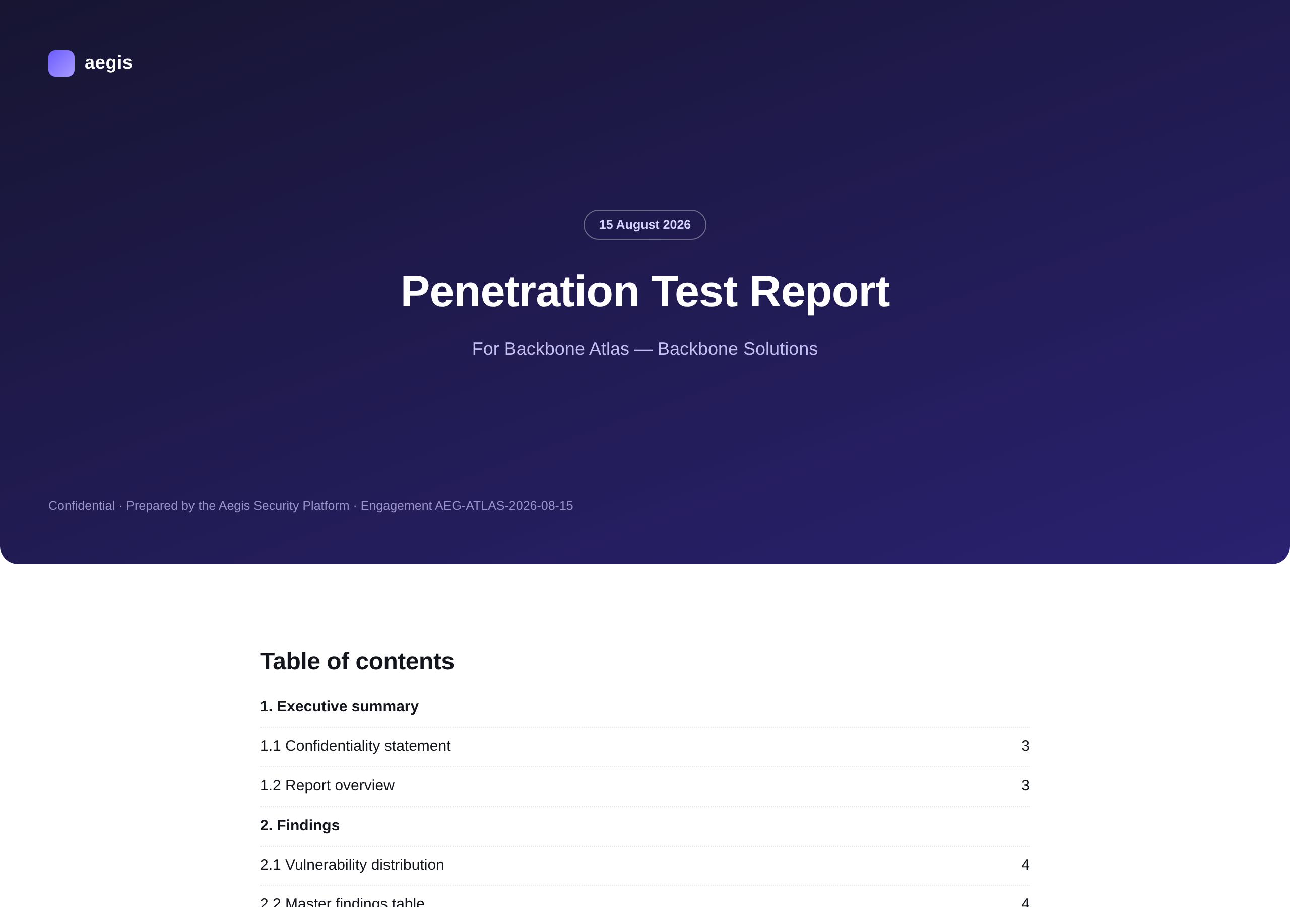 Cover page of an Aegis penetration test report, branded in navy and gold